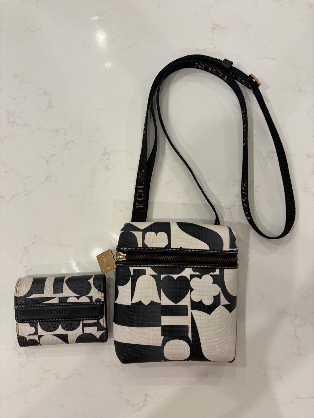TOUS Black and White Graphic Crossbody with Matching Wallet